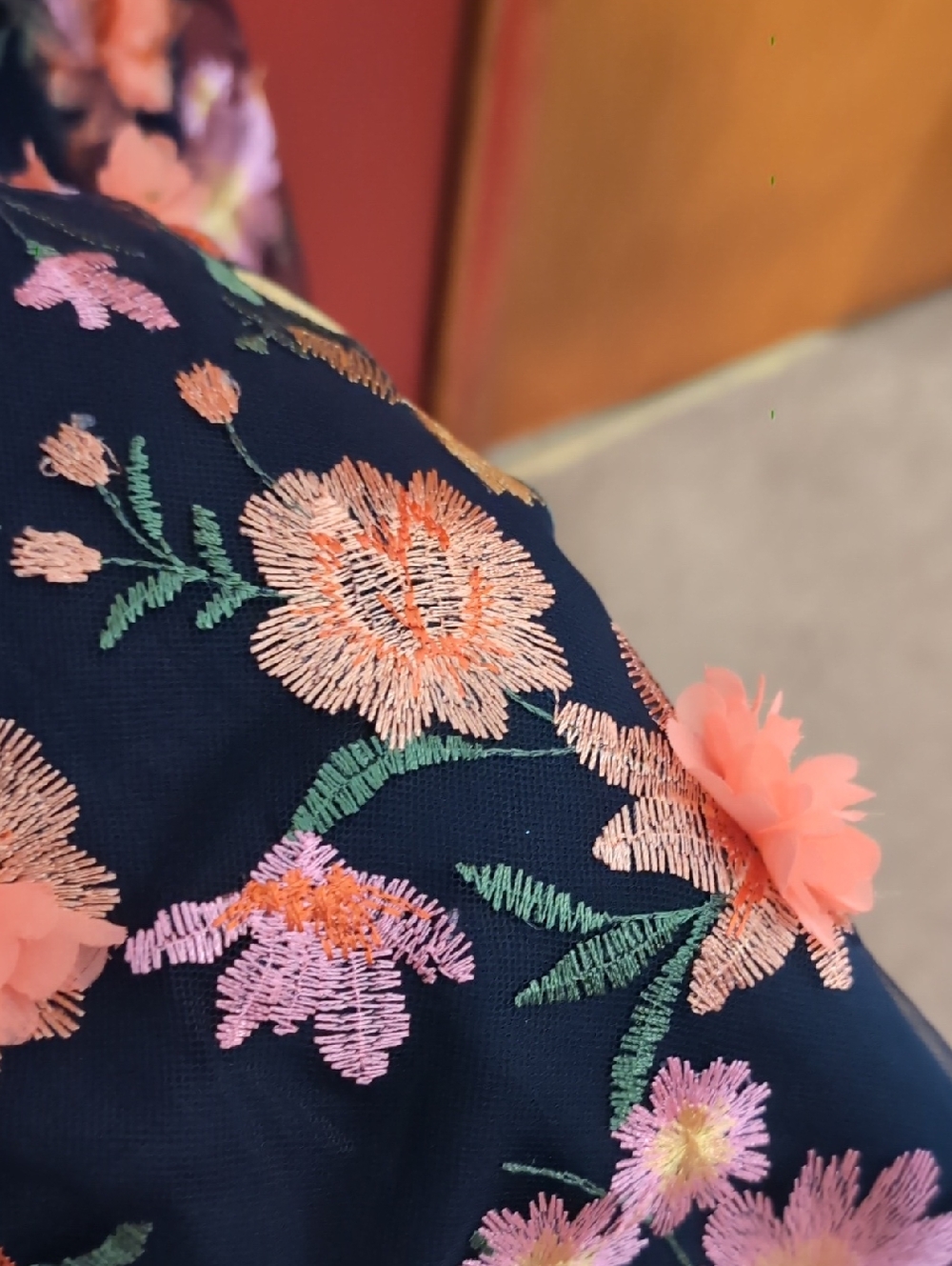 Xscape Navy Off-Shoulder Floral Dress with Pink and Coral Embroidery - Picture 5 of 5